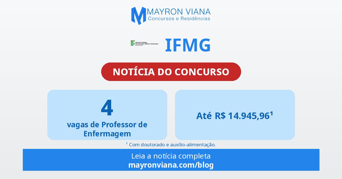 Concurso IFMG: quatro vagas de Professor de Enfermagem em Piumhi