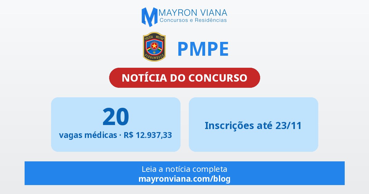 Concurso PMPE: 20 vagas médicas e inscrições até 23/11