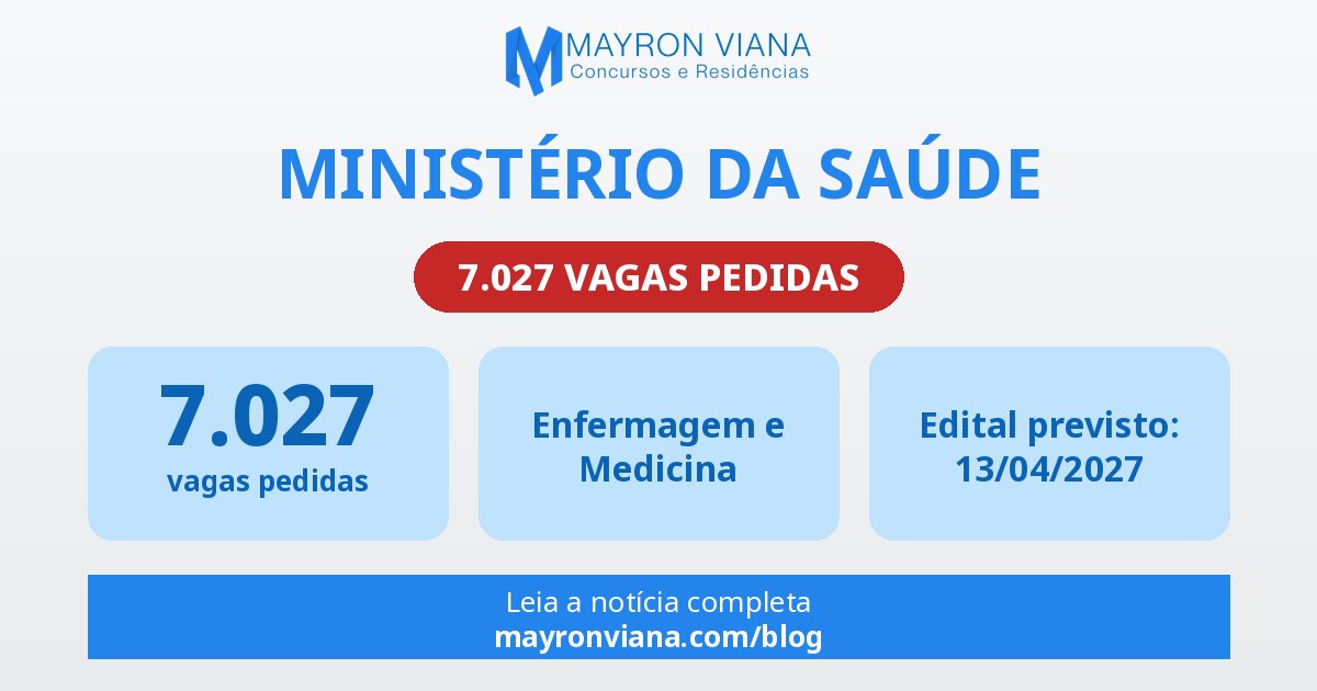 Concurso Ministério da Saúde: 7.027 vagas pedidas e edital previsto para abril de 2027. Com Lula reeleito, o cenário fica ainda mais favorável