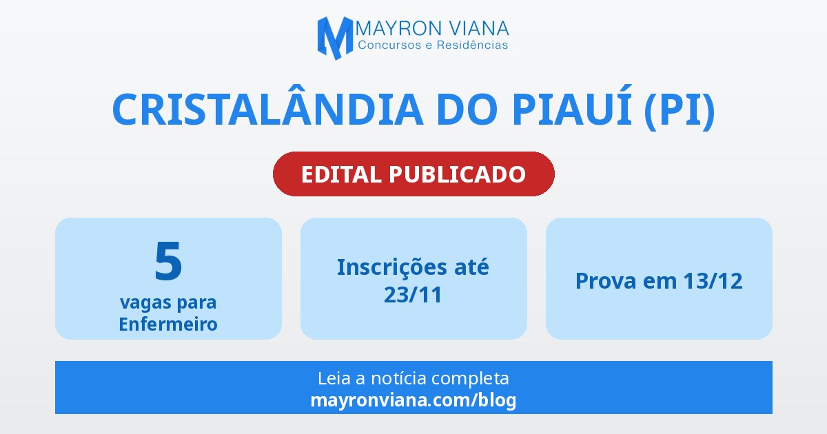 Concurso Cristalândia do Piauí (PI): edital publicado com 5 vagas para Enfermeiro