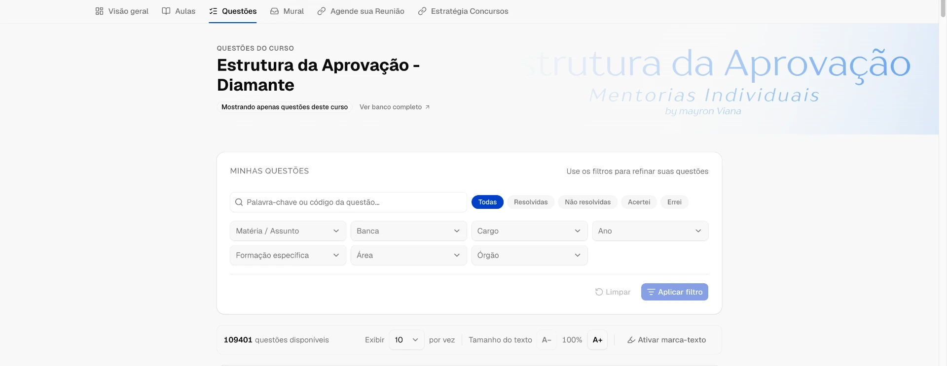 Sistema de questões do Mayron com busca e filtros por matéria, banca, cargo e ano